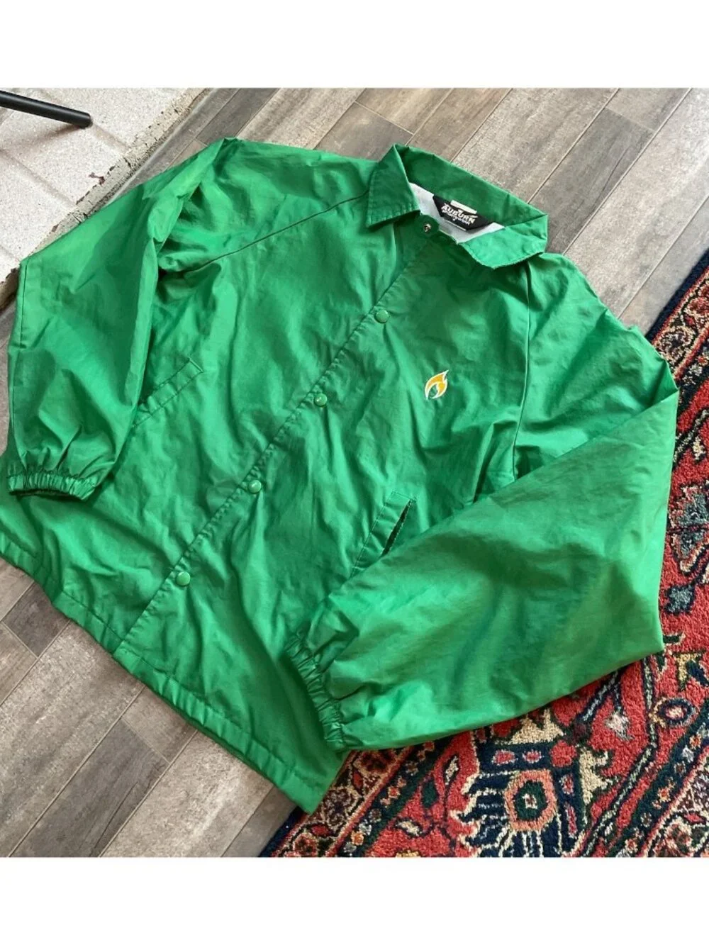 Vintage 1980s Green Satin Trucker Flame Logo Jacket Green Yellow Auburn Sports S